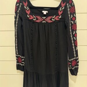 Xhilaration Black Dress with Red/Maroon and White Embroidery